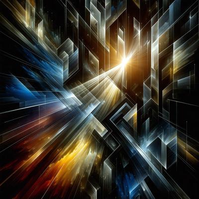 The primary subject of the image is a brightly colored, abstract artwork featuring a mix of blue, yellow, and orange hues. The setting is a futuristic, geometric environment with a backdrop of a cityscape. The visual style is a combination of digital art and illustration, creating a vibrant and dynamic scene. The colors and mood of the image are energetic and lively, with the bright colors and contrasting shapes evoking a sense of excitement and movement.